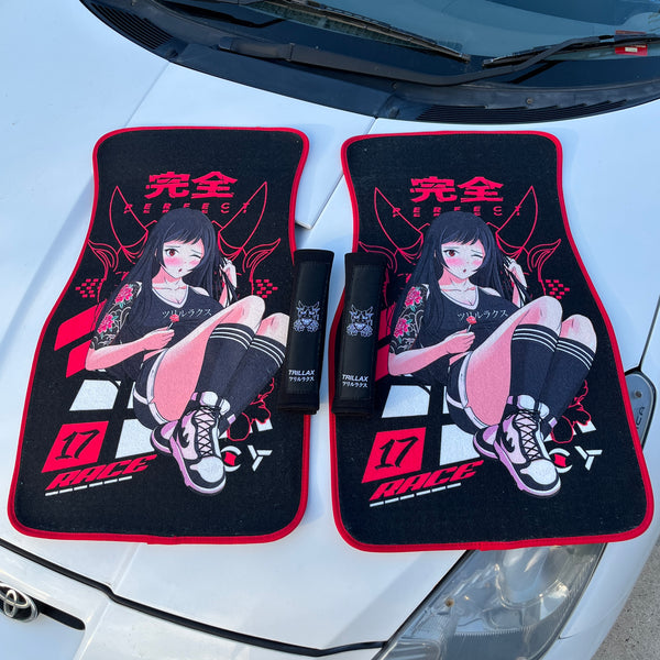 Displayed on dashboard with car seat covers. 2pcs Cartoon Anime Racer Girl Printed Car Floor Mats For Women, Men, Car Front Seats Floor Mats, For Cars, Suv, Trucks, For All Weather. Trillax