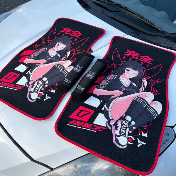 Display on dashboard with car seat covers 2.2pcs Cartoon Anime Racer Girl Printed Car Floor Mats For Women, Men, Car Front Seats Floor Mats, For Cars, Suv, Trucks, For All Weather. Trillax