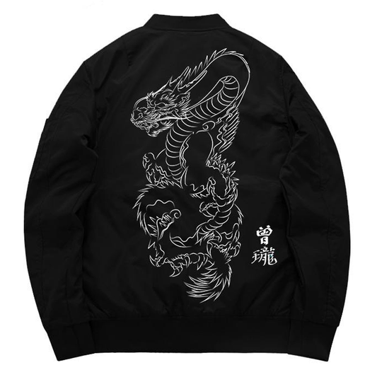 Japanese retro fashion brand dragon embroidered jacket men's women's autumn winter bomber jacket work wear casual. Large embroidered dragon filling up entire back.